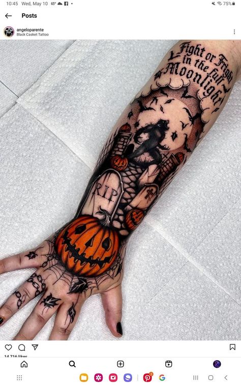 Spooky Forearm Tattoo, Halloween Leg Sleeve Tattoo, Halloween Sleeve Tattoo For Women, Halloween Hand Tattoos, Spooky Sleeve Tattoo, Halloween Sleeve, Halloween Tattoos Sleeve, Tattoos Cute, Tattoos Sleeve