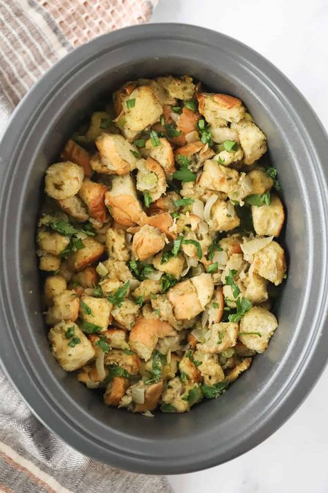 This Slow Cooker Stuffing turns our favorite homemade stuffing recipe into an easy make-ahead side dish. This stuffing is moist, flavorful, and can be made up to a day in advance. #thecarefreekitchen #stuffing #sidedish #thanksgiving #crockpot #slowcooker #slowcookerstuffing Crock Pot Stuffing, Make Ahead Stuffing, Stuffing Recipes Crockpot, Moist Stuffing, Crockpot Stuffing, Homemade Stuffing Recipes, Green Bean Casserole Crock Pot, Stuffing Thanksgiving, Best Crockpot