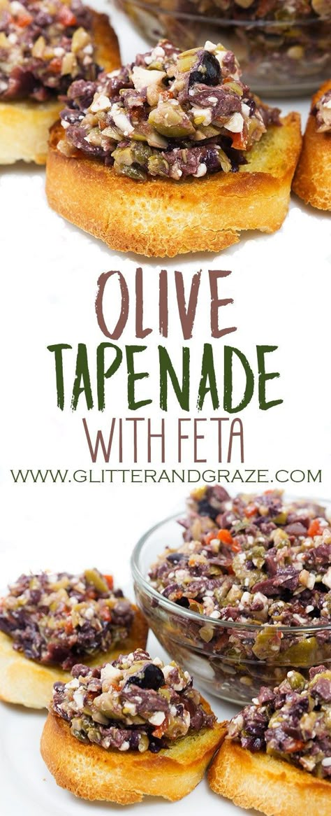 This olive tapenade is a great appetizer to serve at your next party or just over a glass of wine. This is a blend of olives and feta cheese topped on some toasted baguette. #winefood #partyfood #appetizers Horderves Appetizers, Meat Ideas, Olive Appetizer, Tapenade Olive, Tapenade Recipe, Toasted Baguette, Spanish Recipes, Olive Tapenade, Keto Plan