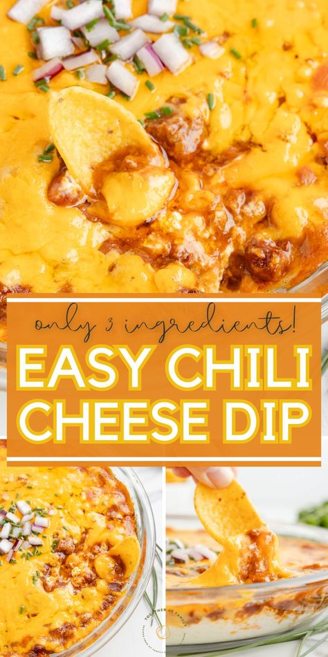 This quick & easy Chili Cheese Dip is a must-make hot dip appetizer for a gameday party or gathering. Only 3 ingredients for a gooey, cheesy, hot dip that's full of delicious creamy chili flavor.