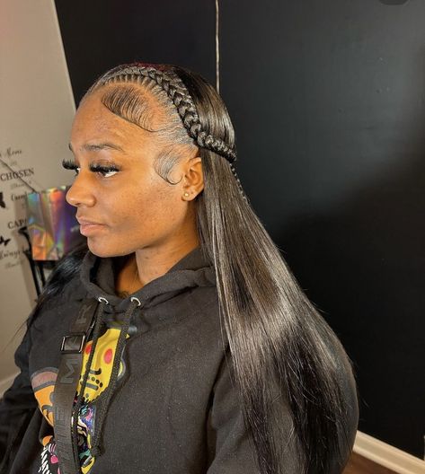 Straight Hair With 2 Braids, Two Braids Quickweave, Quick Weave Straight, 2 Braids With Weave In The Back, Quickweave Hairstyles, Bundles Hairstyles, 2 Braids With Weave, 16 Hairstyles, Hair Thread