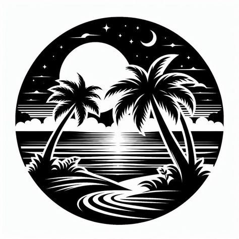 Beach Sillouette Art, Cool Silhouette Art, Tropical Tree Silhouette, Beach Clipart Black And White, Biker Logo Design, Palm Tree Clip Art Black And White, Just Breathe Tattoo, Bird Nail Art, African Portraits Art