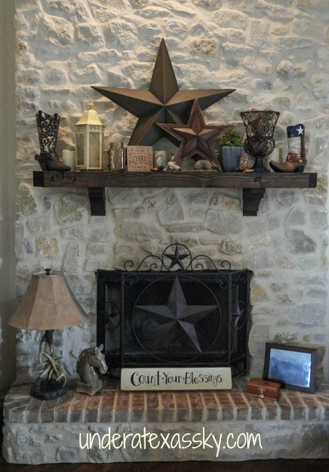 Our Texas themed mantle decor is one of my favorite design elements in our home. It has so much of what I love: Texas stars, boots, and encouraging words. Texas Theme, Texas Home Decor, Texas Decor, Encouraging Words, Texas Star, Western Homes, Mantel Decor, Up House, Texas Homes