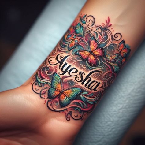 Girly Sleeve Tattoos For Women, Colorful Finger Tattoo, Arm Name Tattoos For Women, Butterfly Tattoo With Name, Wrist Tatoo, Girls Pick, Colour Tattoo For Women, Pretty Flower Tattoos, Cute Thigh Tattoos