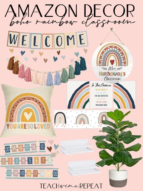 boho rainbow classroom decor ideas from Amazon Boho Rainbow Classroom Decor Ideas, Boho Rainbow Classroom Theme Preschool, Boho Preschool Classroom Decor, Classroom Themes Boho, Bohemian Classroom Decor, Pink Classroom Decor, Amazon Classroom, Classroom Walls Paint, Classroom Decor Boho