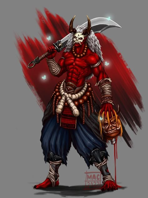 Red Demon Art, Oni Character Design Male, Assassin Design, Oni Art, Samurai Drawing, Red Demon, Dark Fantasy Artwork, Fantasy Beasts, Powerful Art