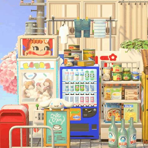 Acnh Exterior House Ideas Happy Home, Acnh Wes Anderson, Acnh Donation Box Design, Animal Crossing Vending Machine, Animal Crossing Apartment, Acnh Vending Machine Area, Acnh Flea Market Ideas, Animal Crossing Korean, Acnh Boba Shop