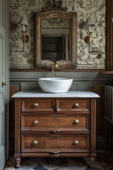 English Country Bathroom Vanity, Wood Wainscoting Bathroom, Wooden Bathroom Vanity Vintage, 1800s Bathroom Aesthetic, Grandmacore Bathroom, Old Money Restroom, English Countryside Bathroom, Light Academia Bathroom, French Country Powder Room