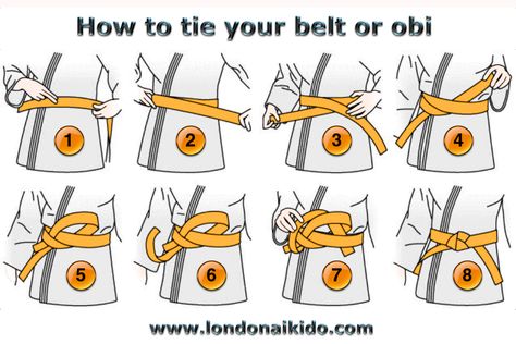 How to tie your Aikido belt or obi.  www.londonaikido.com Jiu Jitsu Belt Display, Jiu Jitsu Humor, Belt Knots, Jiu Jitsu Quotes, Jiu Jitsu Moves, Taekwondo Belts, Jiu Jitsu Belts, Karate Kata, Karate Belt