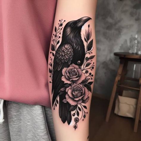 Raven Or Crow Tattoo, Dark Sleeve Tattoos For Women Cover Up, Witch Raven Tattoo, Goth Raven Tattoo, Raven Witch Tattoo, Raven Thigh Tattoo Women, Raven Flower Tattoo, Vintage Bird Cage Tattoo, Crow With Flowers Tattoo