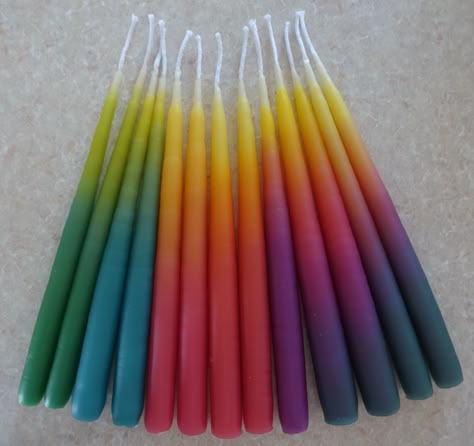 Chunky tall rainbow hand dipped beeswax candles. How To Make Hand Dipped Candles, Beeswax Dipped Candles, Rainbow Candles Diy, Dipped Candles, Diy Candels, Havdalah Candle, Dip Dye Candles, Candle Dipping, Hand Dipped Candles