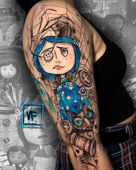 Tim Burton Characters Tattoo, Coraline And Wybie Tattoo, Tim Burton Sleeve Tattoo, Coraline Flash Tattoo, Coraline Flash, Coraline Tattoo Ideas, Flash Tattoo Ideas, Coraline Tattoo, Tim Burton Tattoo