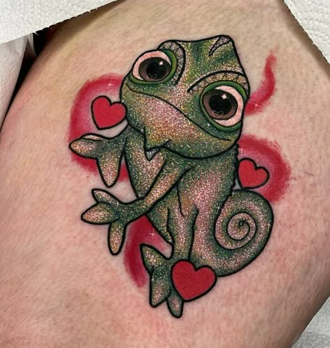 Cute Chameleon Tattoo, Amanda Graves Glitter Tattoo, Amanda Graves Tattoo, Pascal Tattoo, Chameleon Tattoo, Lake Tattoo, Writing Fantasy, Mickey Mouse Art, Trendy Tattoo