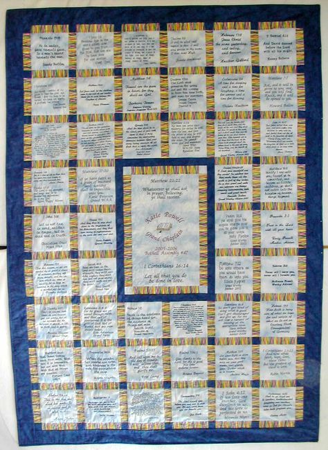 Bible Verse Quilt. Beautiful & wonderful idea!  I love this. Abc Bible Verses, Prayer Blanket, Diy Sewing Table, Sewing Quotes, Signature Quilts, Wedding Quilt, Quilt Squares, Trendy Sewing, Crochet Quilt