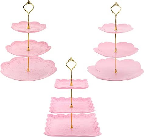 Amazon.com: Tosnail 3 Pack 3 Tiers Plastic Cupcake Stand Dessert Stand Tiered Serving Trays with Gold Rod Candy Pastry Holders for Baby Shower, Wedding and Party - Pink : Home & Kitchen Tiered Serving Stand, Cupcake Tier, Plastic Serving Trays, Cake Stand Set, Flower Tray, Pink Plates, Serving Stand, Baby Shower Tea, Tiered Serving Trays