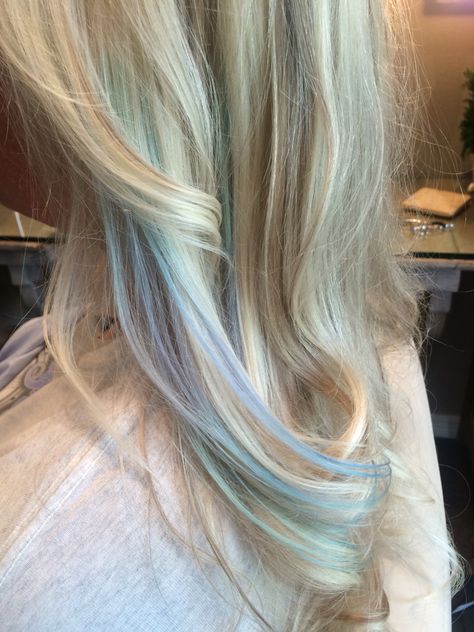 Mermaid hair! Soft and subtle Blueish Blonde Hair, Aqua And Blonde Hair, Light Blue Blonde Hair, Blonde Hair With Blue Lowlights, Light Blue Highlights In Blonde Hair, Light Blue And Brown Hair, Blonde Hair Light Blue Highlights, Mermaid Hair Highlights, Blonde And Light Blue Hair