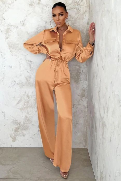 Satin Jumpsuit Outfit, Silk Satin Outfit, Shirt Jumpsuit, Club L London, Satin Jumpsuit, Silk Jumpsuit, Orange Satin, Stylish Work Attire, Jumpsuit Outfit