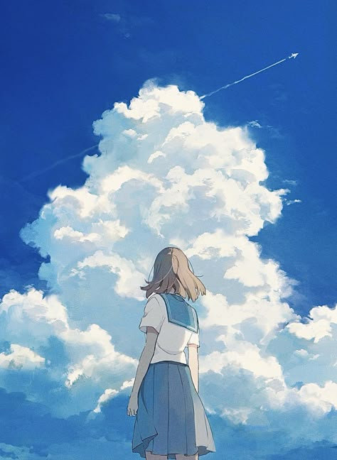 Cloud Illustration, Anime Summer, Sky Anime, Illustration Anime, Summer Illustration, Indie Art, Cloud Drawing, Illustration Art Drawing, Girl Illustration