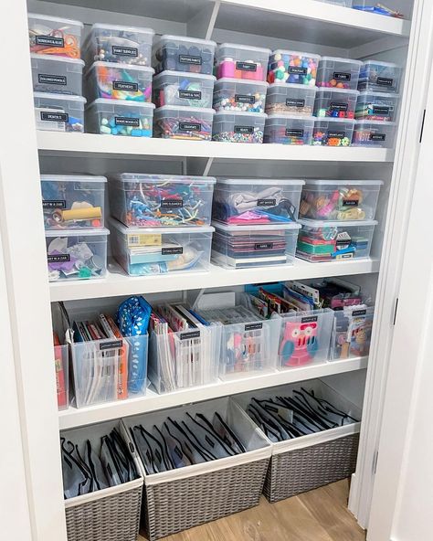 Ría Safford ✨’s Instagram photo: “Didn’t know I could be attracted to an activities closet until now! 🤩 —— The more you micro-categorize and label items like these, the…” Toy Closet Organization, Storage Aesthetic, Kids Craft Storage, Playroom Closet, Clever Storage Ideas, Craft Closet Organization, Storage Ideas For Small Spaces, Professional Organizing, House Organisation