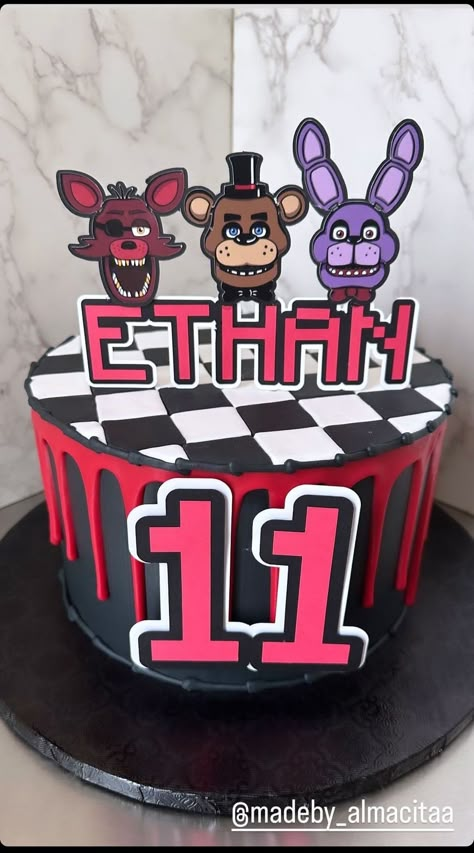 Five Nights at Freddy's inspired Birthday cake 🎂 🥳🎉🎈 (_cakesbykaren-Instagram) Friday Night At Freddys Cake, Five Nights At Freddy's Birthday Cake Ideas, Fnaf Birthday Party Ideas Cakes, Fnaf Birthday Cake Ideas, Five Nights At Freddy's Birthday Ideas Cake, 5 Nights Of Freddy Birthday Party Ideas, Five Nights At Freddy's Birthday Cake, Fnaf Birthday Cake, Five Nights At Freddy's Birthday Ideas