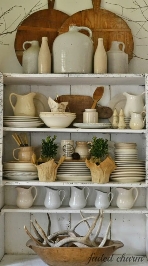 Antique Kitchen, White Dishes, Deer Antlers, Kitchen Shelves, A Shelf, Country Kitchen, Country Cottage, Country Decor, Open Shelving