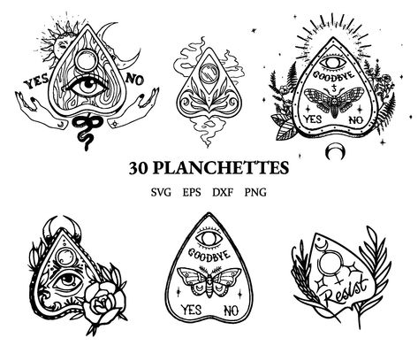 Small Ouija Tattoo, Planchette Flash Tattoo, Witchy Wrist Tattoos For Women, Goth Svg Free, Planchet Tattoo, Ouji Board Tattoo, Cute Witchy Tattoos, Planchette Drawing, Ouija Planchette Tattoo