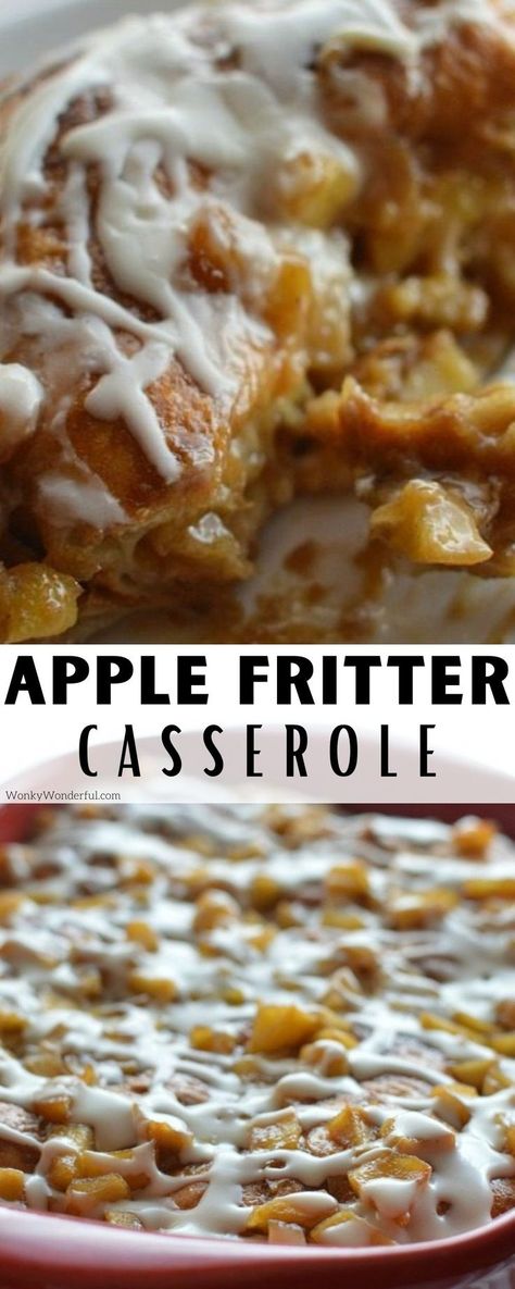 This Apple Fritter Breakfast Casserole Recipe is out of this world amazing! With layers of flaky croissants, caramelized apples and cream flavored with Apple Butter all baked to perfection. Top that with sweet glaze, there is no way that this Apple Fritter Casserole could be anything but delicious! Apple Fritter Bake Recipe, Apple Fritter Casserole Recipe, Apple Fritter French Toast Casserole, Baked Apple French Toast Casserole, Bisquick Apple Fritters Recipe, Breakfast Using Apples, Apple Bake Breakfast, Apple Brunch Ideas, 5 Layer Breakfast Bake