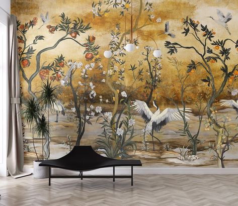 Chinoiserie Flowers Pomegranate Tree and Birds Wallpaper, Peel and Stick, Mural, Classic Art, Living Room, Bedroom - Etsy Australia Cherry Blossom Wallpaper, Bedroom Murals, Vintage Chinoiserie, Chinoiserie Wallpaper, Bird Wallpaper, Tree Wallpaper, Textured Wall, Vinyl Wallpaper, 3d Wallpaper