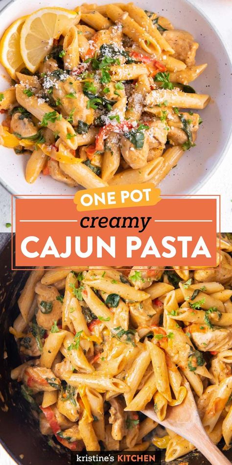 This Cajun Chicken Pasta is creamy, spicy, and all around delicious! It's an easy one pot meal that's perfect for a weeknight. One of our favorite chicken pasta recipes! One Pot Cajun Pasta, Easy Cajun Chicken Pasta, Spicy Chicken Pasta, Creamy Cajun Pasta, Grilled Chicken Pasta, Cajun Chicken Pasta Recipes, Chicken Spinach Pasta, Chicken Pasta Recipes Healthy, Cajun Pasta