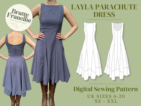 ☆ PDF Digital Sewing Pattern for Layla Parachute Dress ☆ This digital sewing pattern allows you to construct a midi-maxi length, sleeveless dress with a high, straight neckline and low, scooping back. The back of the dress is fastened with an invisible zip, for a clean tailored look. Most unique about this dress is its parachute style skirt, achieved through a series of godet panels which give lots of texture and movement. The hem of the dress has a total circumference of approximately 5 metres Dress With Godets, Parachute Dress, Godet Dress, Couture Mode, Straight Neckline, Patterned Sheets, Style Skirt, Invisible Zip, Dress Picture