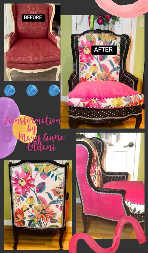 Funky Chairs Upholstery, Painted Wingback Chair, Wingback Chair Makeover, Diy Reupholster Chair, Diy Furniture Appliques, Sofa Makeover, Annie Sloan Painted Furniture, Floral Chair, Funky Chairs