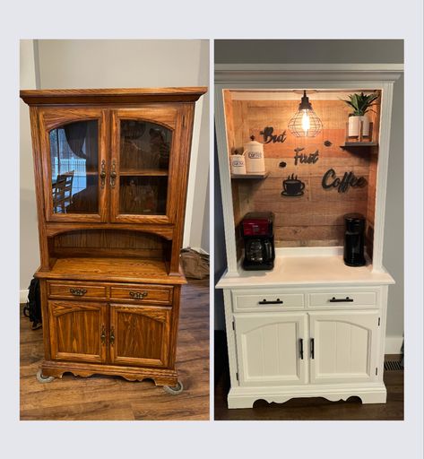 Ikea Hutch Coffee Bar, Coffee Bar Out Of Hutch, Making A Coffee Bar, Dresser Turned Into Coffee Bar, Diy Farmhouse Coffee Bar, Coffee Bar Made From Hutch, Coffee Bar Ideas China Cabinet, Diy Coffee Bars, Kitchen Hutch Coffee Bar