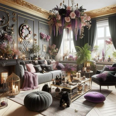 Modern Goth Apartment, Floral Goth Aesthetic, Cozy Goth Home, Goth Boho Decor, Modern Goth Home, Hollywood Living Room, Goth Apartment, Tattoo Room, Dream Home Aesthetic