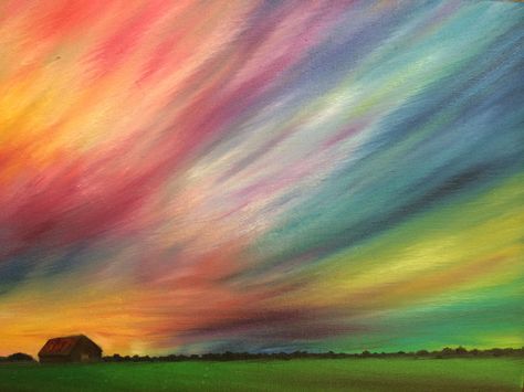 Colourful Sky Painting, Multi Colour Painting, Rainbow Landscape Painting, Pastel Painting Ideas, Colourful Sky, Colour Blending, Acrylic Art Projects, Acrylic Painting Diy, Oil Pastel Art