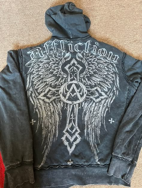 Affliction Zip Up Hoodie, Affliction Zip Up, Y2k Hoodie Design, Affliction Hoodie, Casual Denim Jeans, Y2k Hoodie, Vintage Hoodies, Swaggy Outfits, Really Cute Outfits