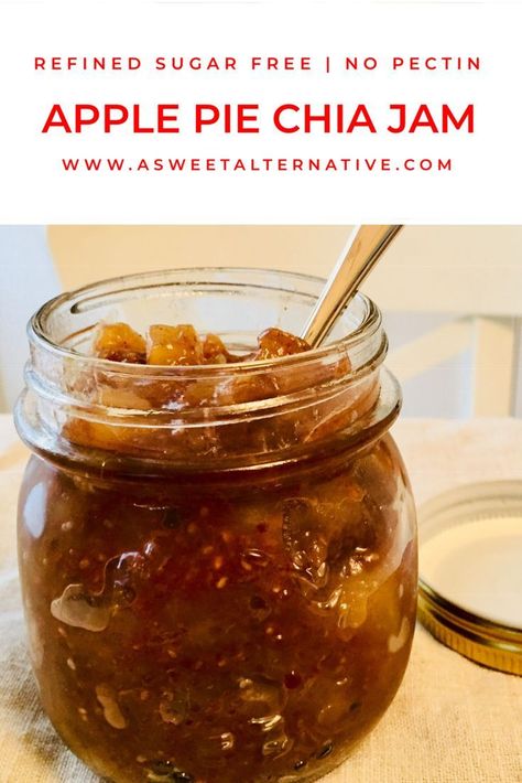 Apple pie chia jam recipe! This healthy refined sugar free apple pie chia jam is so good and easy to make. Chia seeds give this no pectin jam a lovely consistency. A healthy snack idea that is vegan, gluten free, dairy free and clean eating. #chiaseeds #cleaneatingrecipes #healthy #healthyrecipes #jam #healthysnacks #breakfastrecipes #snacks Blueberry Freezer Jam, Date Paste Recipes, Sugar Free Apple Pie, Apple Pie Jam, Chia Jam Recipe, Vegan Breakfast Options, Healthy Apple Pie, Sugar Free Jam, Lactose Free Diet