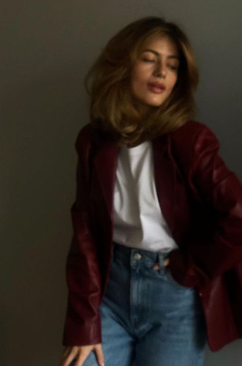 Maroon Jacket Outfit Women, Wine Leather Jacket Outfit, Cherry Red Leather Jacket, Maroon Leather Jacket Outfit, Red Wine Outfit, Burgundy Leather Jacket Outfit, Red Leather Jacket Outfit, Burgundy Outfits, Maroon Leather Jacket