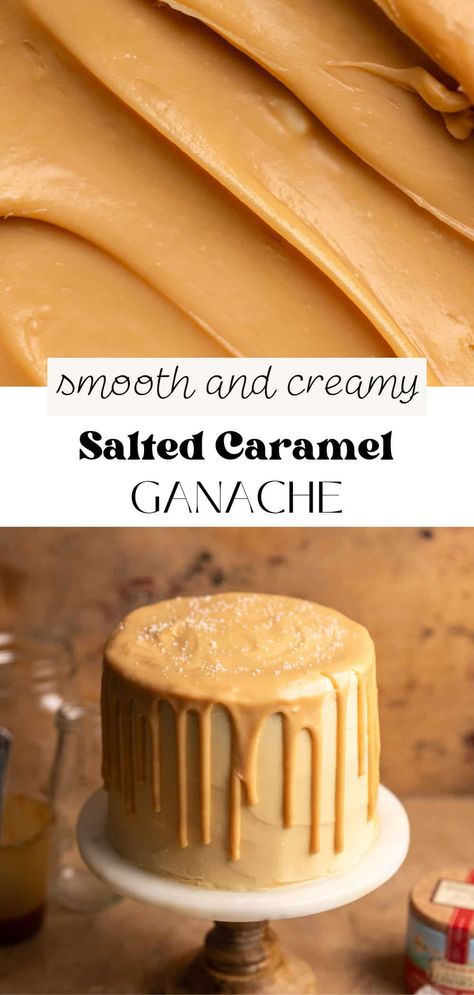 This salted caramel ganache recipe has a rich and creamy texture that goes perfectly with all your favorite desserts. Made with white chocolate, heavy cream, and caramel, it strikes the perfect balance between sweet and salty, delicious on everything from cakes to ice cream. It’s easy to make and is a must-have recipe for every baker! Salted Caramel Icing Recipe, Candy Melt Ganache Recipe, Cakes With Ganache, Salted Caramel Ganache Recipe, Salted Caramel Filling For Cake, Caramel Baking Recipes, Caramel Cake Decoration Ideas, Salted Caramel Cake Filling, Caramel Filling For Cake