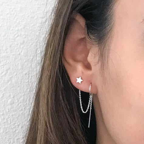 star-moon-2-hole-earrings 2 Ear Piercings, 2nd Ear Piercing, Star And Moon Earrings, Second Ear Piercing, Minimalist Ear Piercings, Double Ear Piercings, Ear Piercing Studs, Earrings Piercings, Ear Piercing Ideas