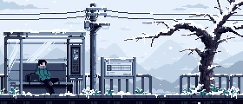 Snowy Train Station by u/LennSan Snow Pixel Art Gif, Train Pixel Art Gif, Snowy Pixel Art, Snowy Train Station, Christmas Pixel Art Gif, Banner Gif Pixel, Pixel Art Gif Banner, Pixel Banner Gif, Train Pixel Art