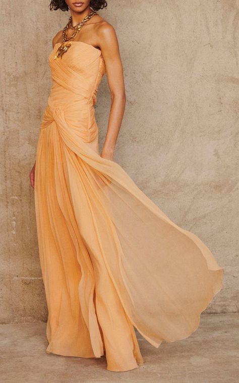 Shirred Silk Strapless Gown By Alberta Ferretti | Moda Operandi Pastel Orange, Donatella Versace, Strapless Gown, Feminine Dress, Alberta Ferretti, Gorgeous Gowns, Looks Style, Runway Fashion, Strapless Dress Formal