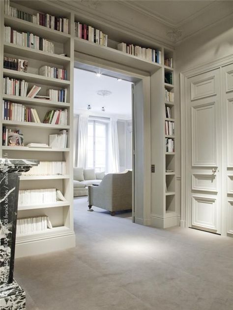 Bookshelves Around Door, Pockets Doors, Den Area, White Bookshelf, White Bookshelves, Room Addition, Smart Tiles, Library Wall, Pocket Door