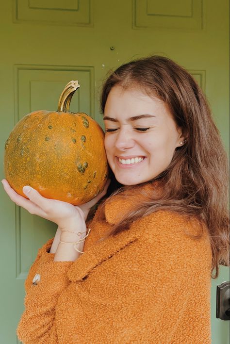 Holding A Pumpkin Reference, Holding Pumpkin Pose Reference, Holding Pumpkin Pose, Thanksgiving Poses, Pumpkin Portrait, Pumpkin Photography, Polaroid Ideas, People Reference, Fall Pics