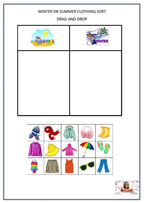 Sorting Clothes Activities For Preschool, Winter And Summer Clothes Activities, Winter Clothes Worksheets For Kids, Clothes Worksheets For Kindergarten, Teaching Strategies Gold Activities, Clothes Activities For Kids, Preschool Montessori Activities, Sorting Worksheet, Clothes Sorting