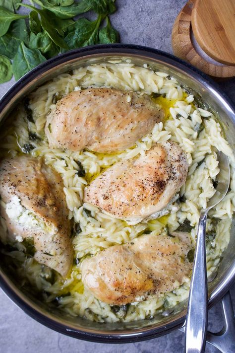 Chicken And Goat Cheese Recipe, Recipes With Goat Cheese, Chicken Goat Cheese, Creamy Orzo Pasta, Spinach And Goat Cheese, Spinach Orzo, Creamy Orzo, Goat Cheese Stuffed Chicken, Cheese Stuffed Chicken