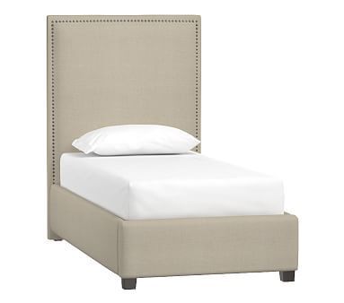 Rowan Twin Upholstered Bed with PZ, Pewter Nailheads, Belgian Linen Aged Flax Upholstered Twin Bed, Beige Bed Linen, Guest Room Bed, Organic Bedding, Twin Beds, Designer Bedding Sets, Bed Headboard, Beds And Headboards, Big Boy Room