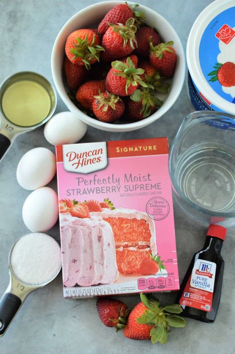 How to Make a Strawberry Box Cake Taste like a Bakery Cake · The Typical Mom Desserts With Strawberry Cake Mix Boxes, Strawberry Box Cake Mix Recipes Ideas, Duncan Hines Strawberry Cake Mix Recipes, Strawberry Cake Recipe Box Easy, Strawberry Box Cake Mix Hacks, Box Cake Taste Like Bakery, Strawberry Box Cake, Strawberry Cake Mix Recipes, Jiffy Mix Recipes