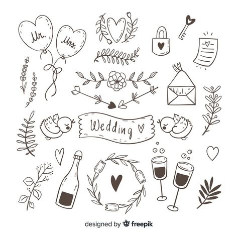 Wedding Doodles, Scrapbooking Aesthetic, Doodle Wedding, Diy Album Photo, Wedding Scrapbook Pages, Scrapbooking Retreats, Wedding Ornaments, Wedding Drawing, Heart Doodle