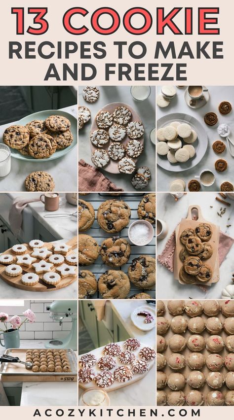 Here are 13 easy cookie recipes that are perfect for doing freezing and baking later. All of these cookies can be made up to the dough and then frozen for later. We have everything from a classic chocolate chip cookie to ones that look like snowflakes. #easyhomemadecookies #freezerfriendlyrecipes Homemade Freezer Cookie Dough, How To Freeze Cookie Dough Balls, Cookie Dough For Freezing, Freezer Chocolate Chip Cookie Dough, Storing Cookie Dough, Cookies Good For Freezing, Cookie Party Cookie Ideas, Make And Freeze Cookie Dough, Bulk Cookies Recipes