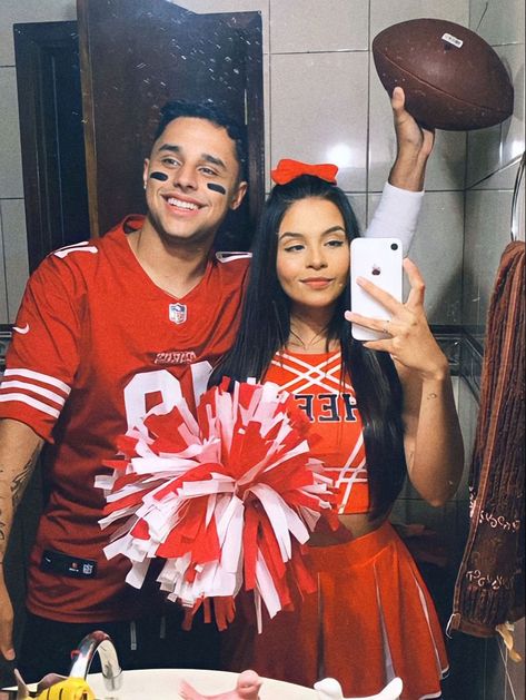 Football Halloween Costume Couple, Football And Cheerleader Couples Costume, Football Player And Cheerleader Couple Costume, Cheerleader Couple Costume, Football Couple Costume, Football Player And Cheerleader Costume, Simple Cute Couple Costumes, Cheerleader And Football Player Costume, Cheerleader And Football Player Couple